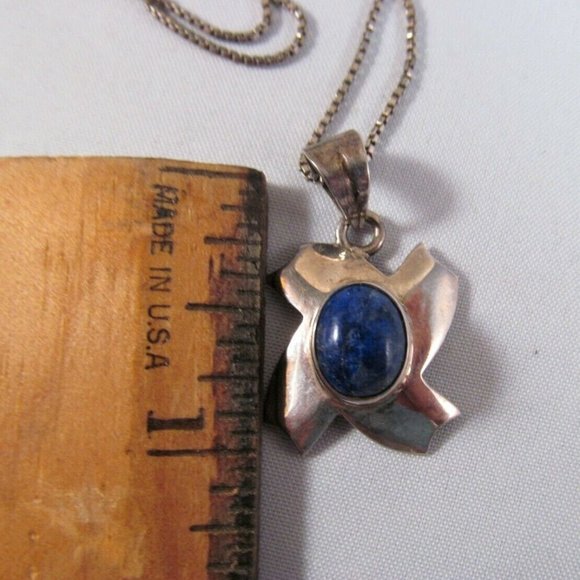 Sterling 925 Silver Lapis Lazuli Gemstone Abstract Pendant Necklace Vintage - Picture 4 of 9